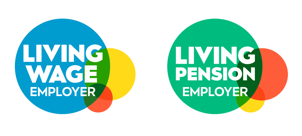 two badges saying 'living wage employer' and 'living pension employer'